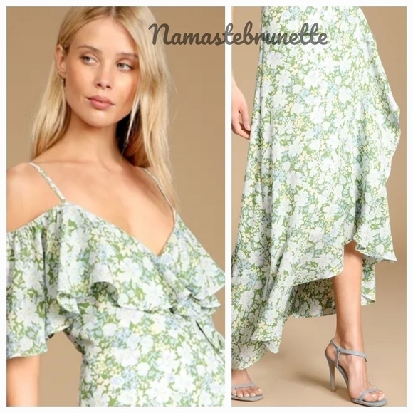 Nwt Lulu's S Green Floral Print Cold Shoulder Wrap Dress - Picture 4 of 14
